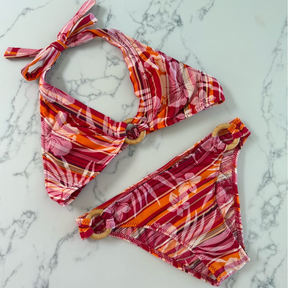Vintage Y2K Hawaiian Bikini SET - Pink / Orange/ Red - Size S/M